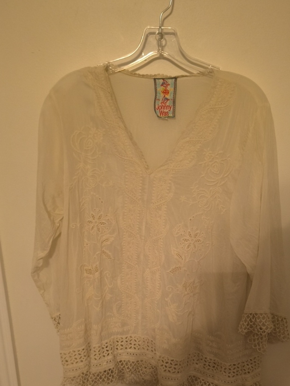Johnny Was Cream Embroidered V-Neck Tunic